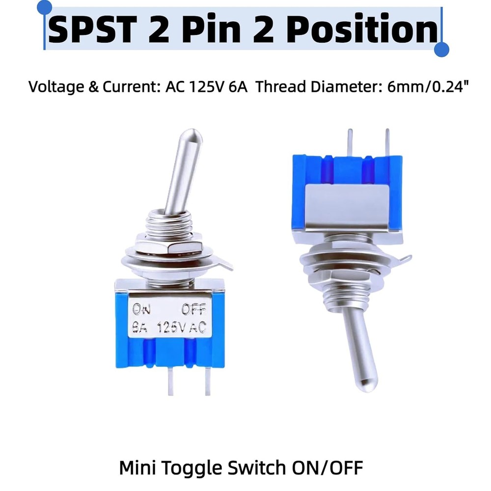 12PCS Mini Toggle Switch SPST ON Off 6A 125V 2 Pin Micro Rocker Switch