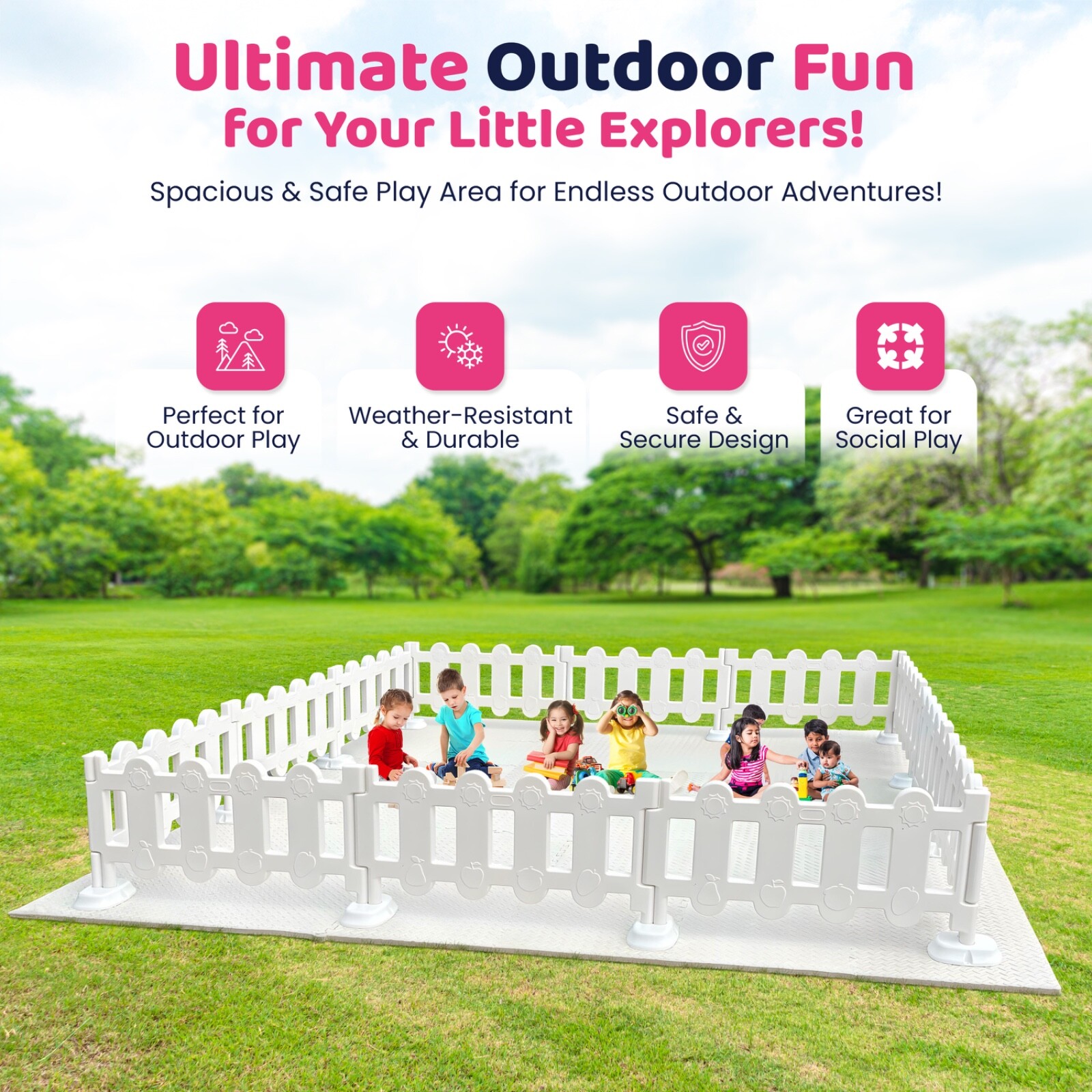 Area 10ft x 10ft Playpen for Kids (Pack of 11 fences and one gate) (White)