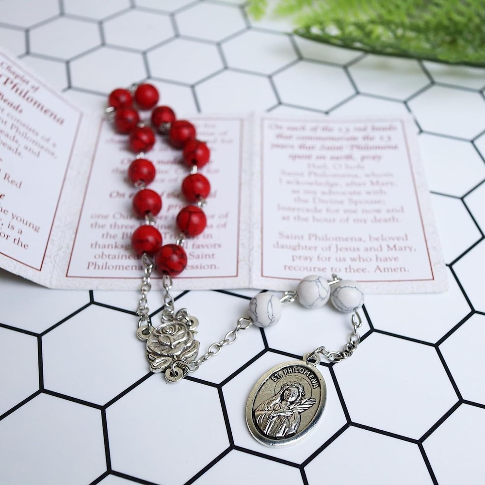 Silver Tone and Red Bead St Philomena Intention Chaplet Prayer Card Set 9 In