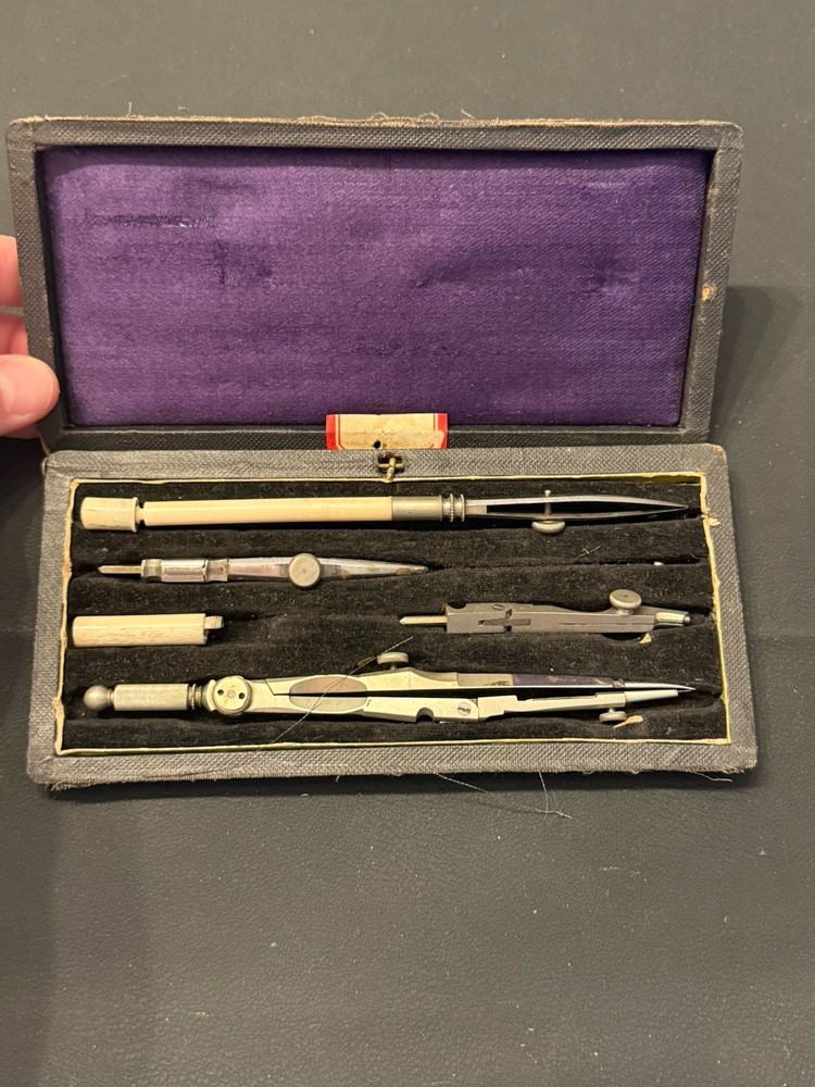 Antique Drafting Compass Set w/ Case Bone Handle Instruments c.1900