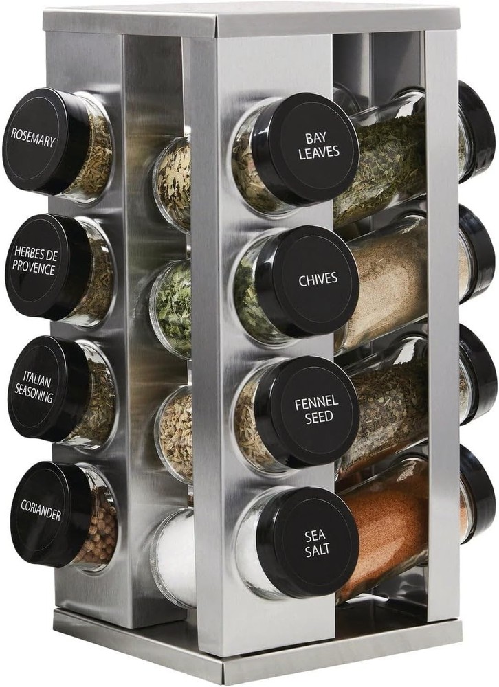 Tiered 16-Jar Spice Rack with Easy Access Rotating Design for Kitchen Counters