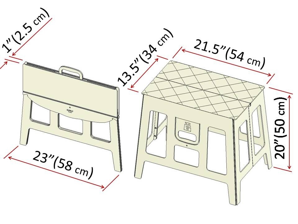 Flat Folding Maxi-Stool 20"(50 cm). Large Seat / Small Table / Standing Platform