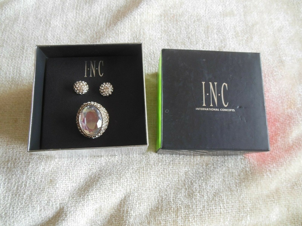 INC Gold Tone Pave Crystal Stretch Statement Ring & Matching Earrings