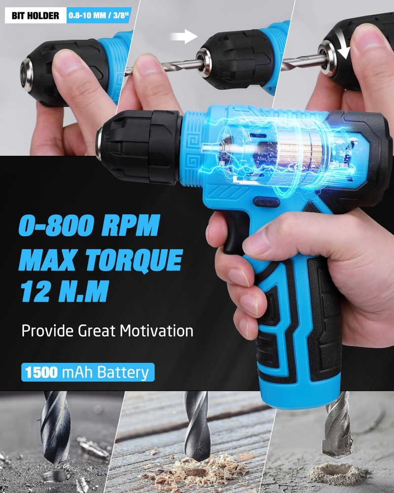 139-Piece Tool Set - Kit with 8V Cordless Drill Driver in ToolBox Blue