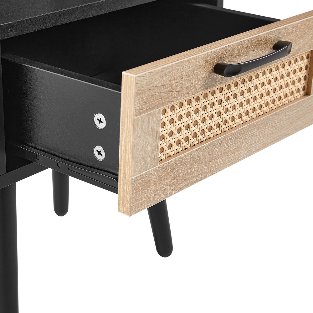 Rattan End Table with Drawer and Solid Wood Legs Modern Nightstand Side Table