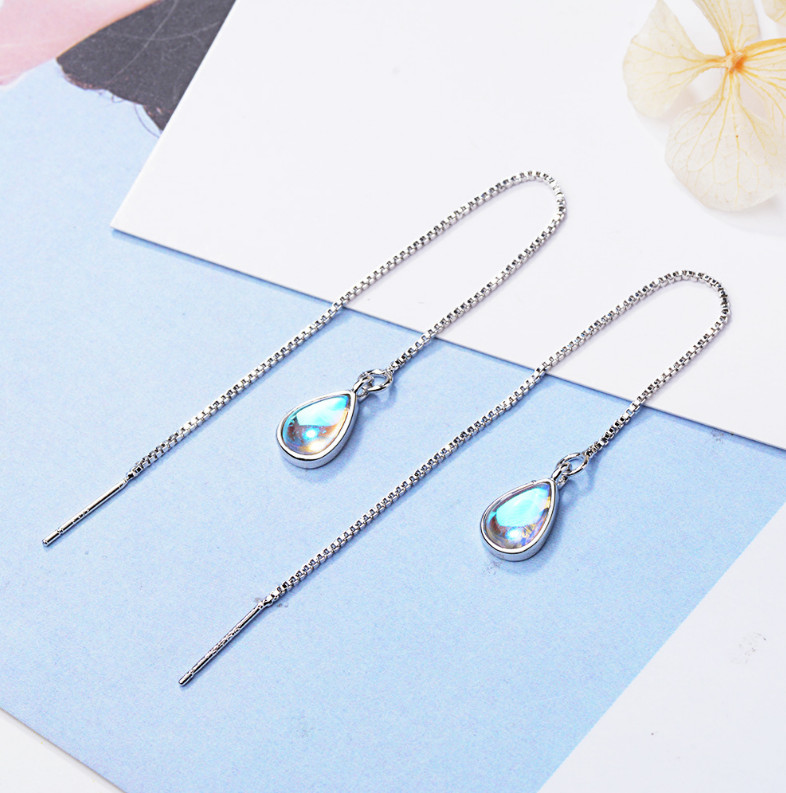 925 Silver Plated Opal Teardrop Ear Chain Thread Through Threader Earrings P1