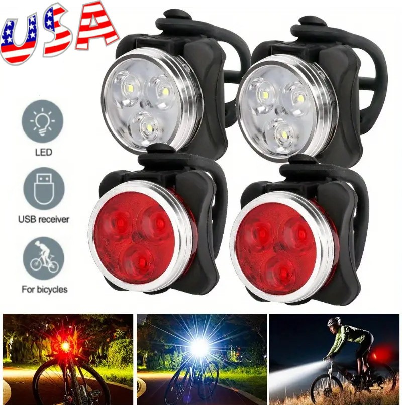 4xUSB Rechargeable LED Bike Lights Set Headlight Taillight Caution Bicycle Light