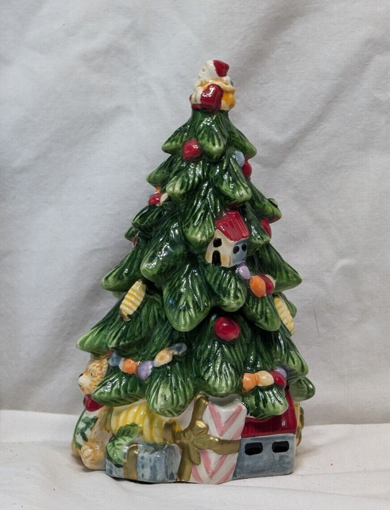 2 pc. 7" Spode Ceramic Decorated Xmas Tree Candy Box Hand Painted in Nice Con.