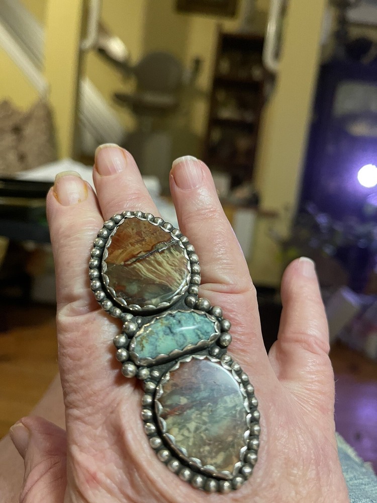 Artisan Sterling Silver Ring, Agate & Turquoise Signed, Free Shipping