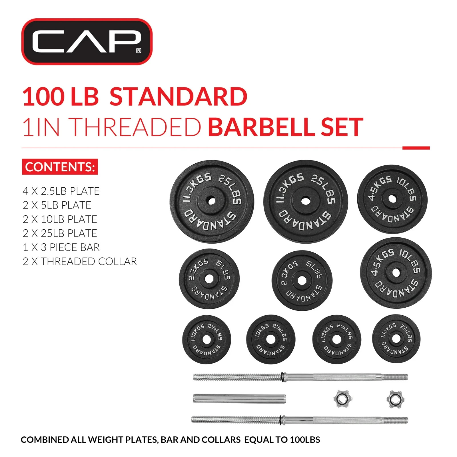 CAP 100lb Standard Cast Iron Weight Set with 3-Pc Bar