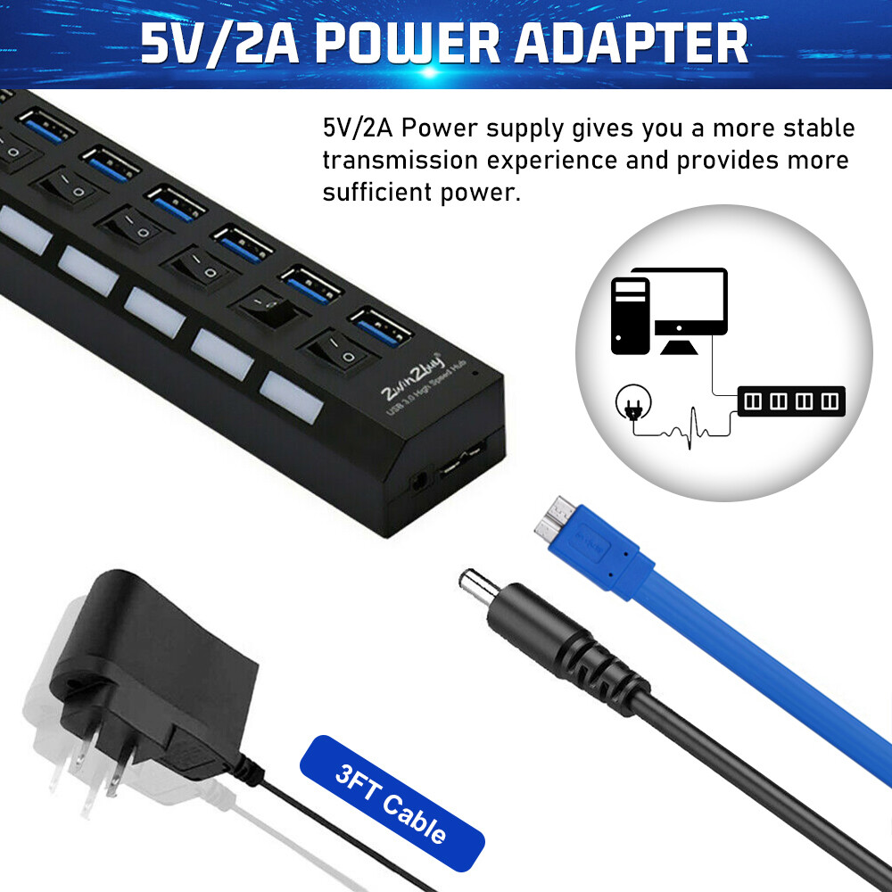 USB 3.0 Hub 7 Port On/Off Switch High Speed Splitter AC Adapter Cable PC Laptop