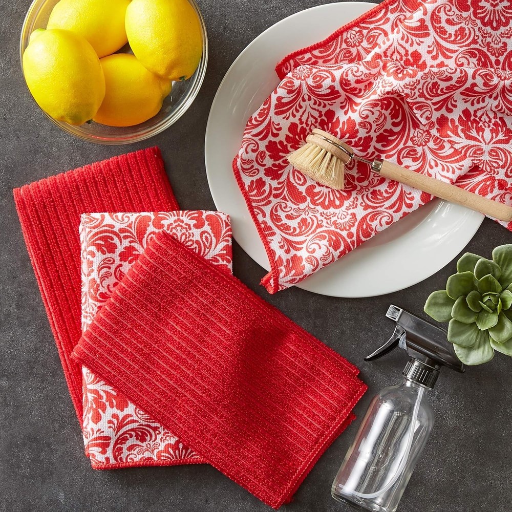 Cleaning Collection Multi-Purpose Microfiber Red Damask Dishtowel Set