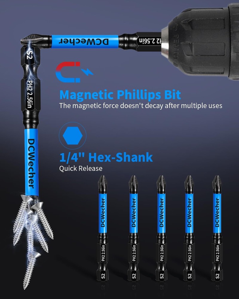 12-Pack 2 Phillips Bits #2 Impact Magnetic, Professional Long Phillips Head Dril