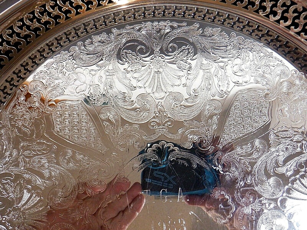 Silverplate Oneida USA Tray with Scroll Etching Raised Rim Pierced Design 13"