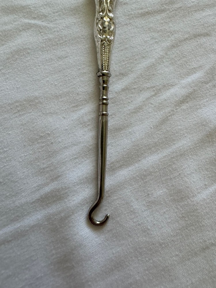 Antique Sterling Silver Handle Button Hook w/ Beaded & Scrolling Design