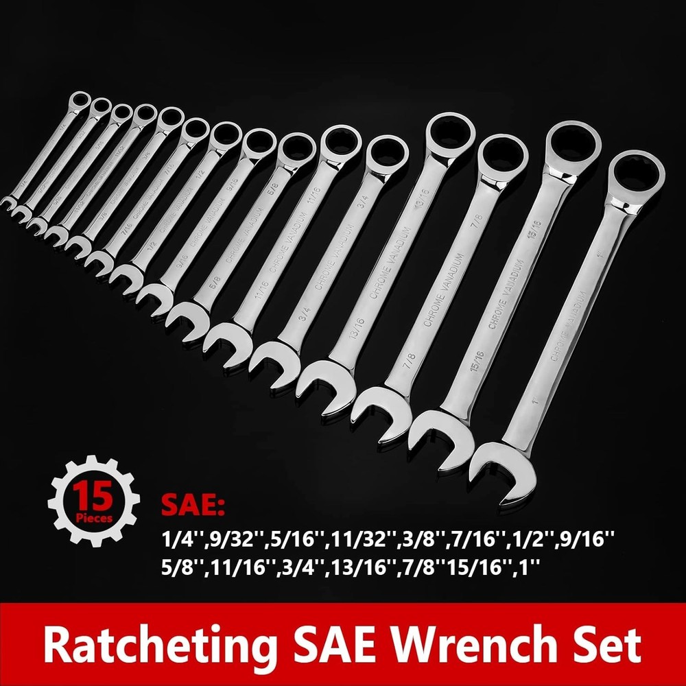 Ultimate 15-Piece SAE Wrench Set for Efficient Work: 72-Tooth & Storage Roll