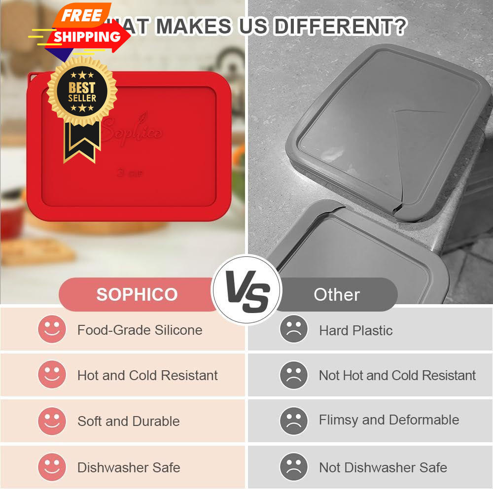 Sophico 3 Cup Rectangle Silicone Storage Cover Lids Replacement RED - 2 PACK