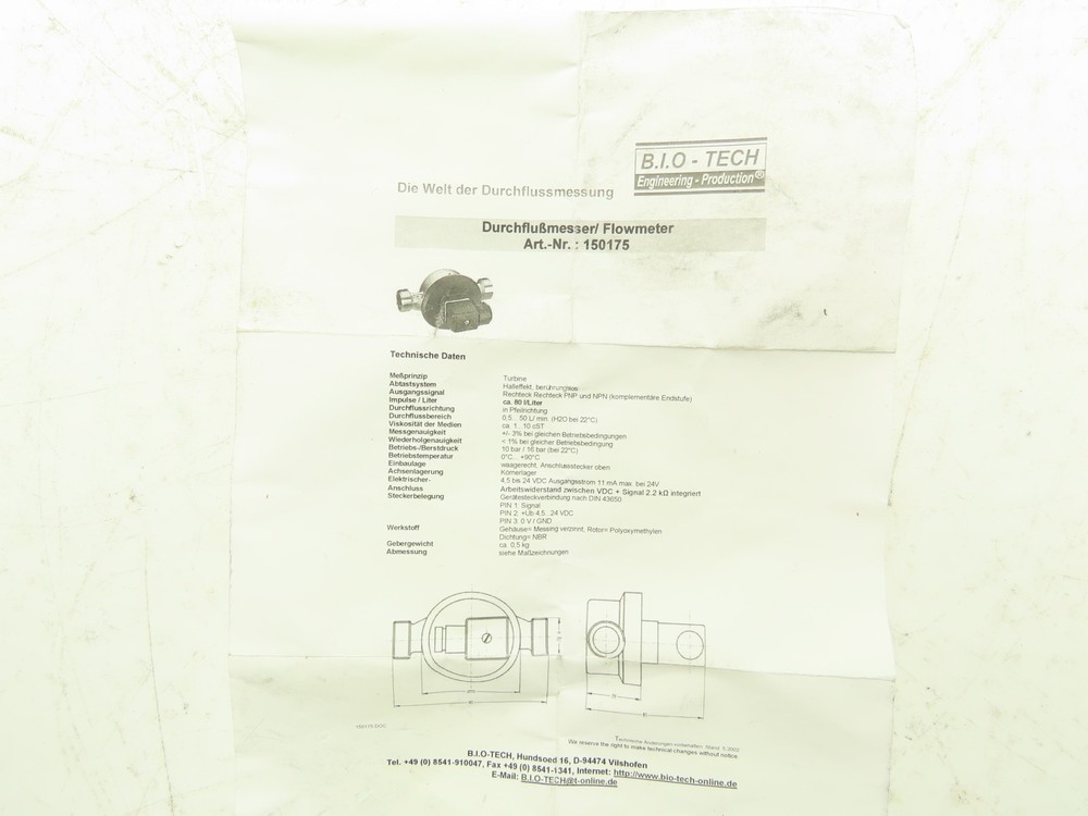 Bio-Tech 150175 Flow Meter Sensor 24VDC R3/4" 50L/min