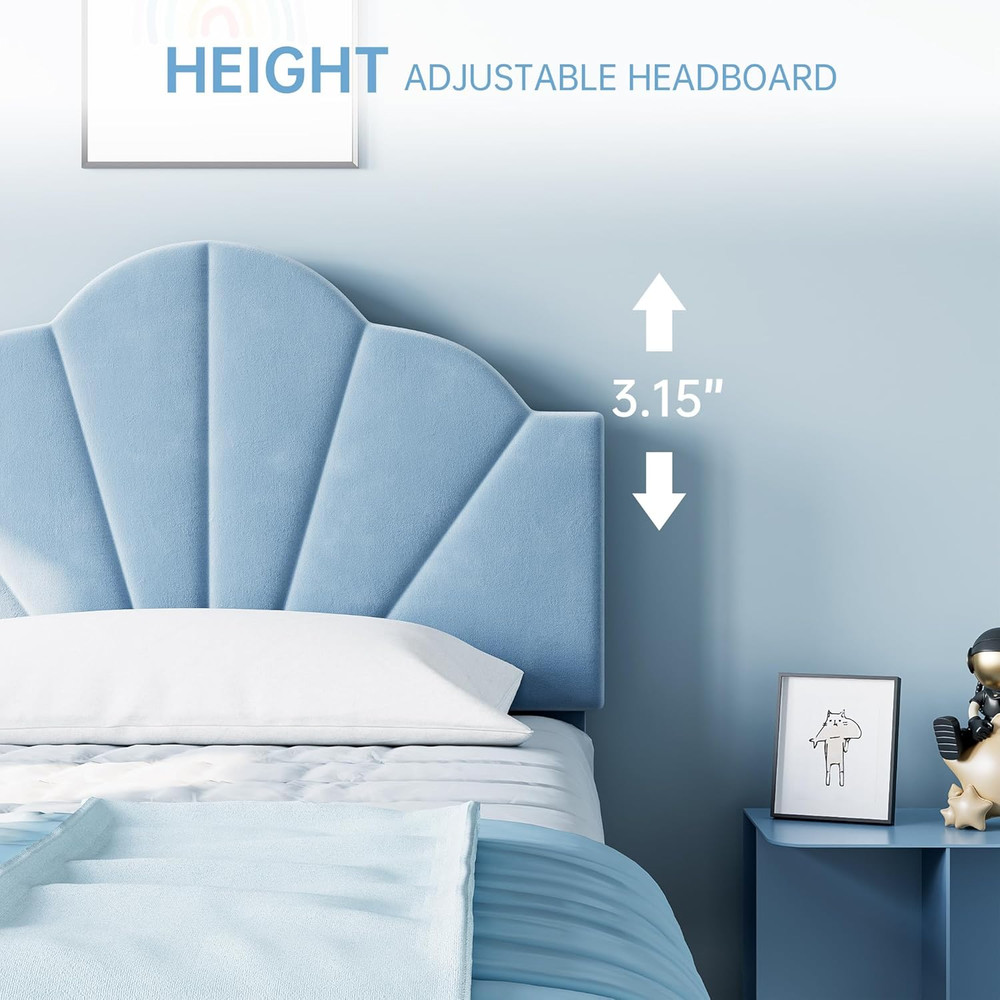 Twin Bed Frame, Velvet Upholstered Platform Bed Frame with Height Adjustable Hea