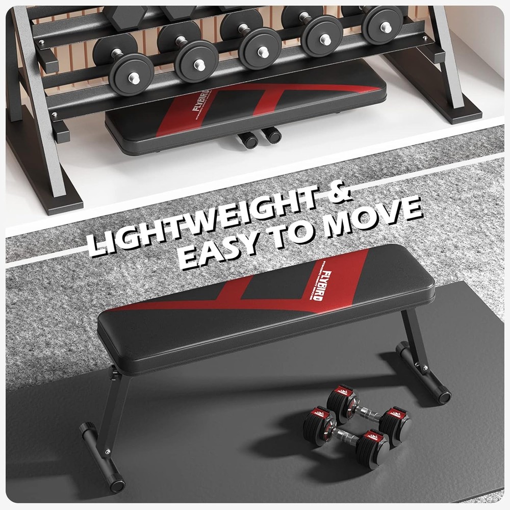 FLYBIRD Flat Bench, Foldable Weight Bench Easy Assembly for A-Red