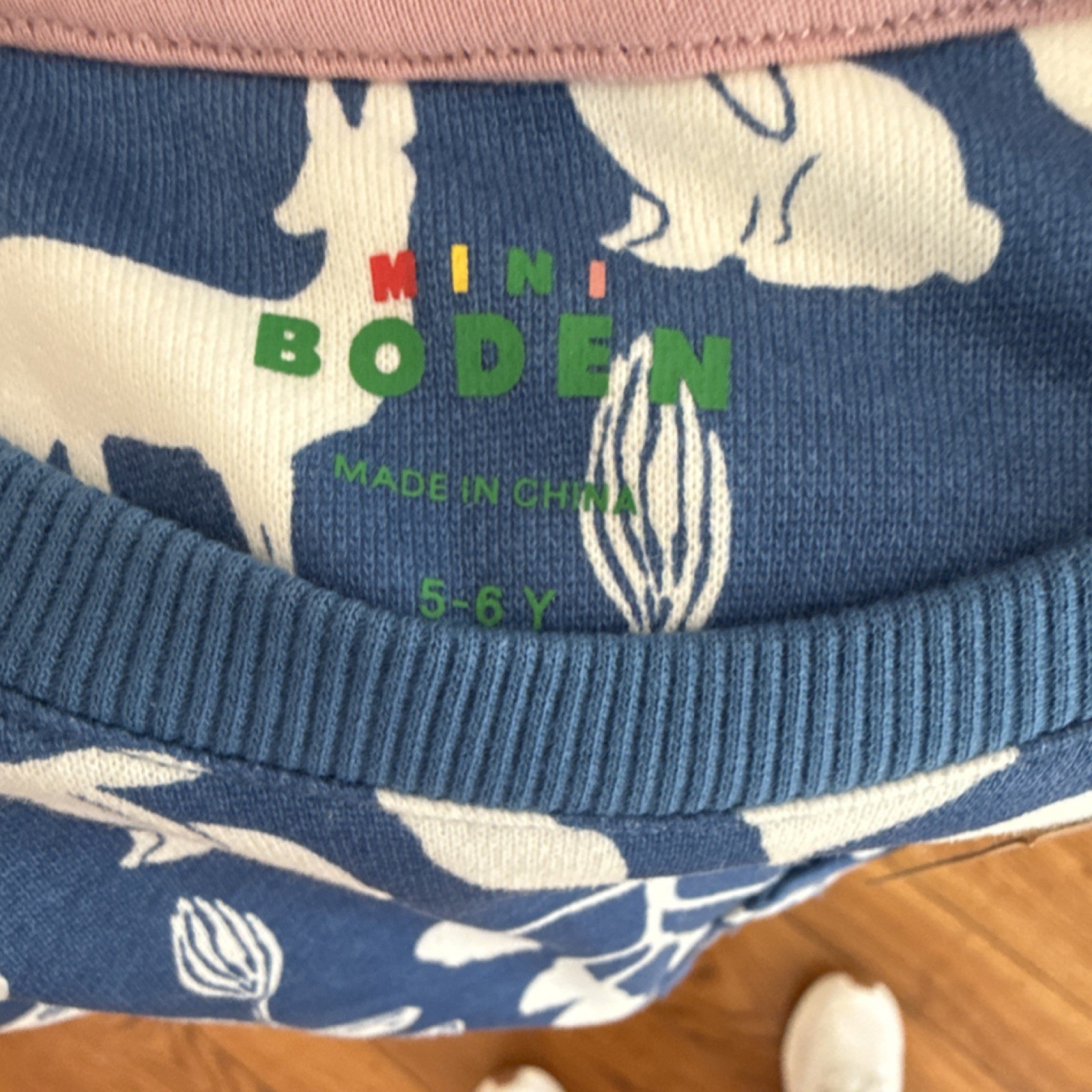 Mini Boden Girls A-Line Blue White Animal Floral Print Long Sleeve Dress 5-6Y