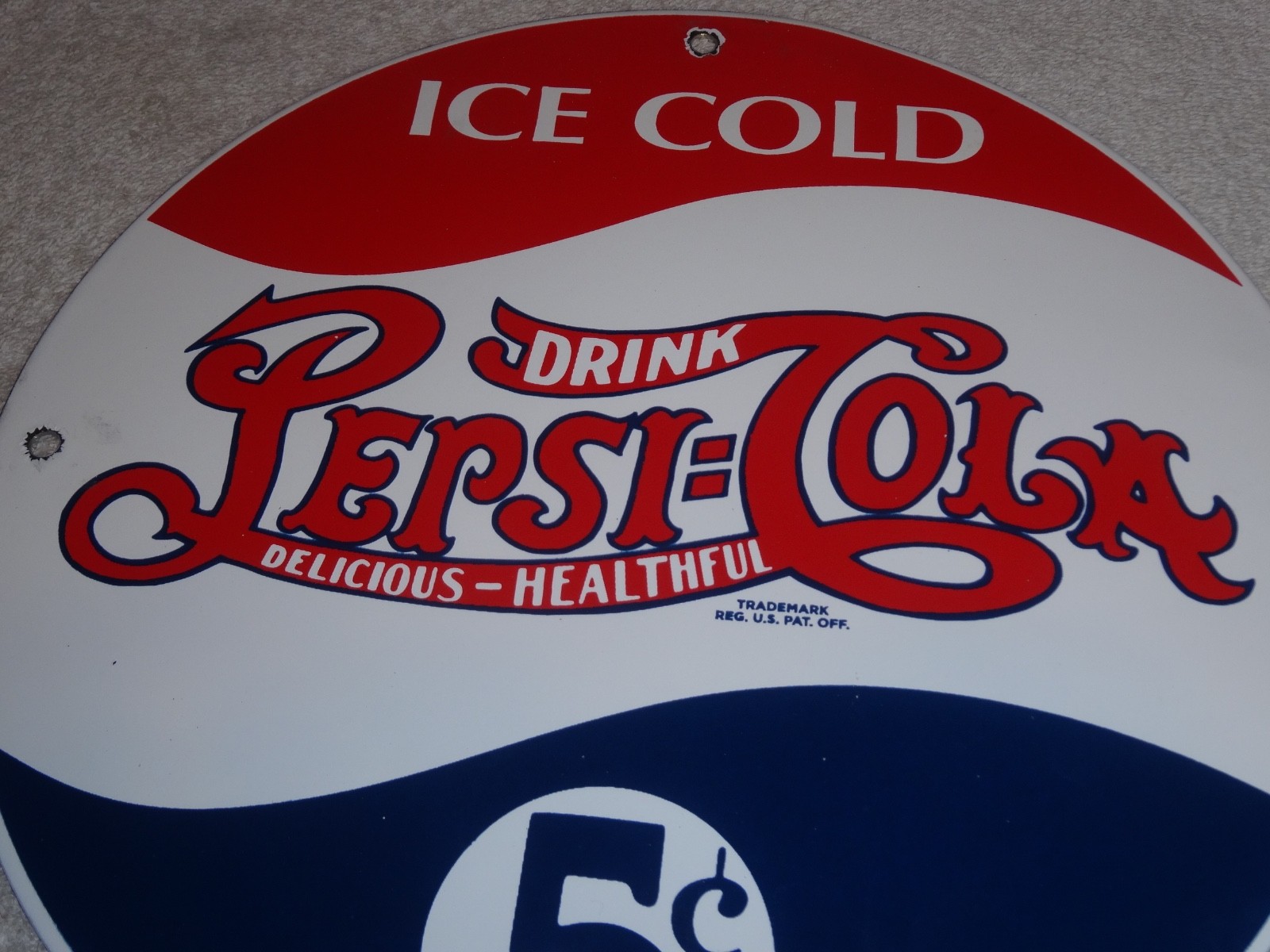 VINTAGE DRINK PEPSI COLA 5 CENTS! 11 3/4" PORCELAIN METAL SODA GASOLINE OIL SIGN