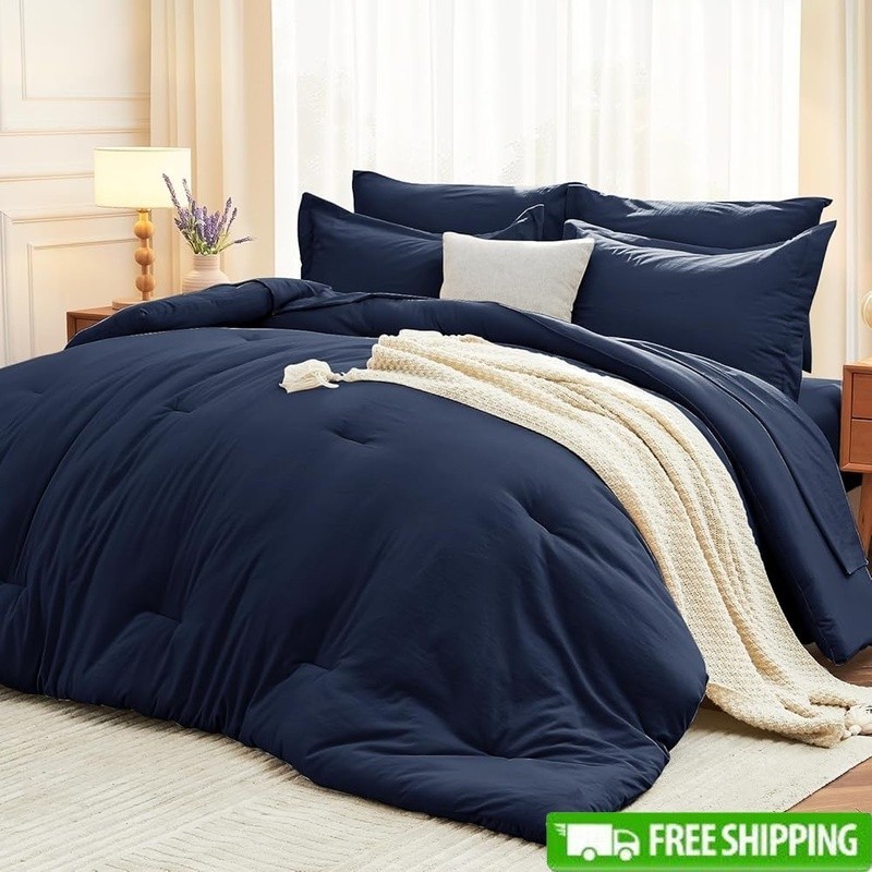 Queen Comforter Set Ultra Soft Microfiber 7 Piece Bedding Down Alternative Navy