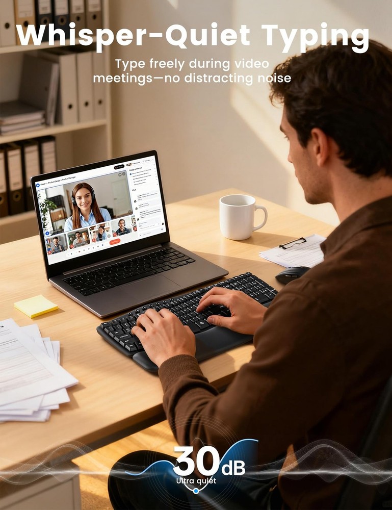 Wireless Keyboard and Mouse Combo, 30dB Quiet Ergonomic Wave Keyboard Set wit...