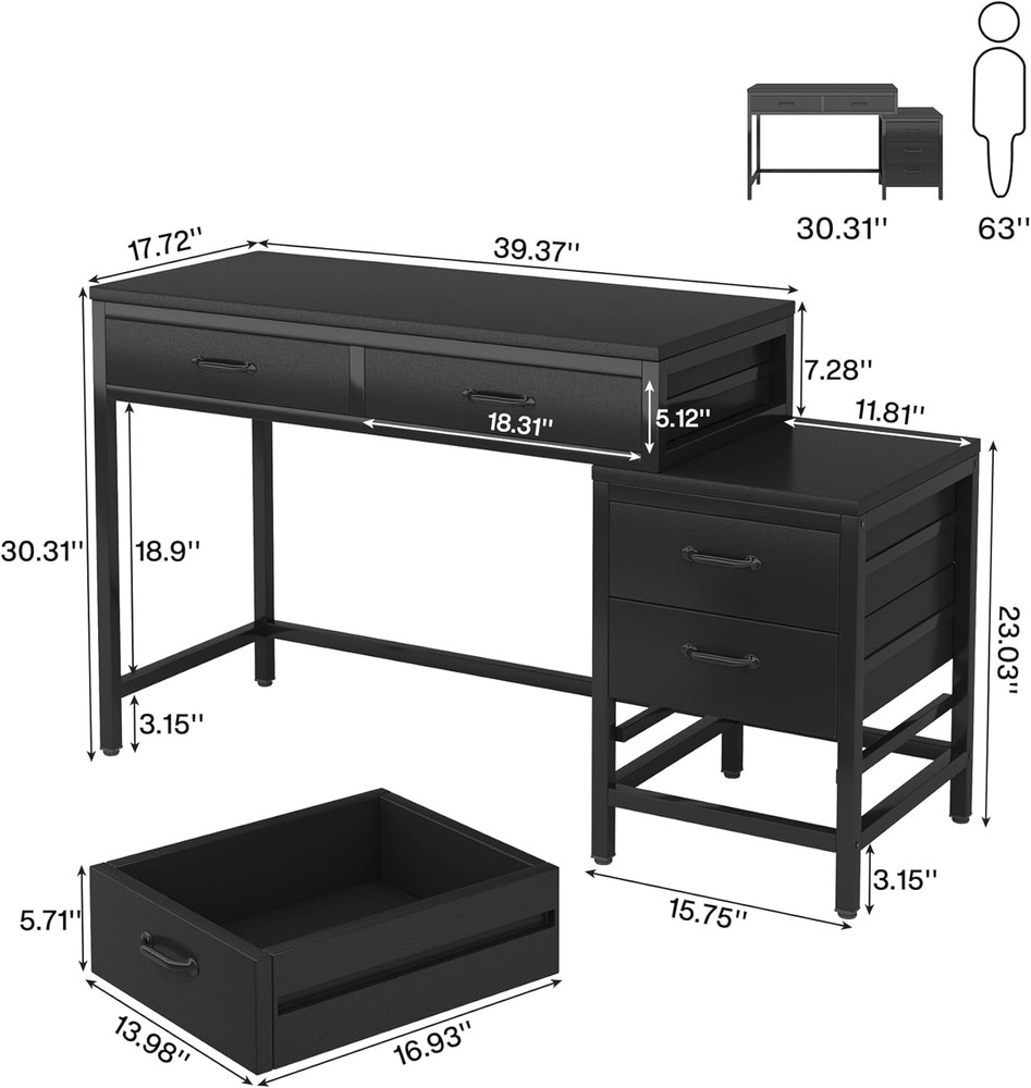 Rustic Computer Desk with 5 Drawers & Printer Stand for Small Spaces