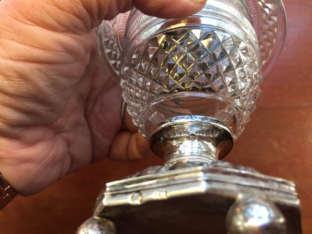 19th ANTIQUE Hallmarked SILVER & CRYSTAL MUSTARD JAR