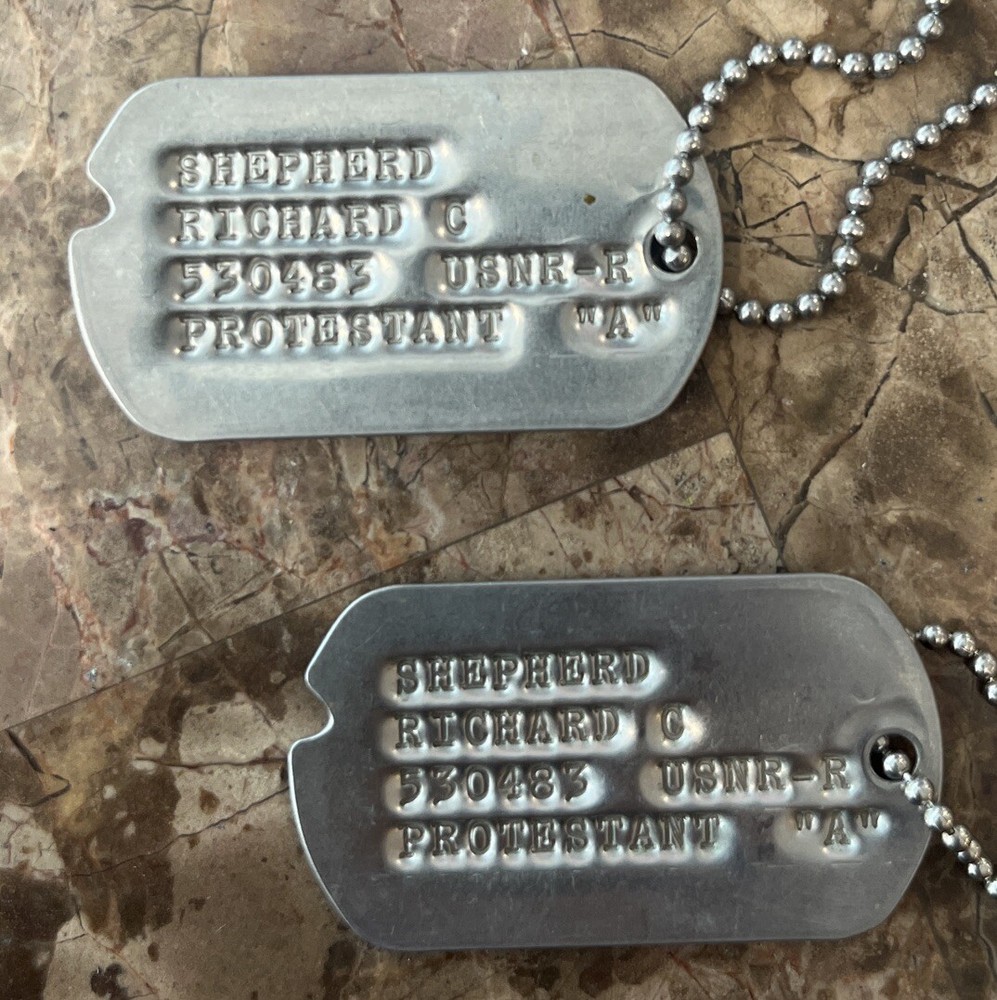 2 Original US Navy Reserve USNR-R Notched Dog Tags - Richard C. Sheperd