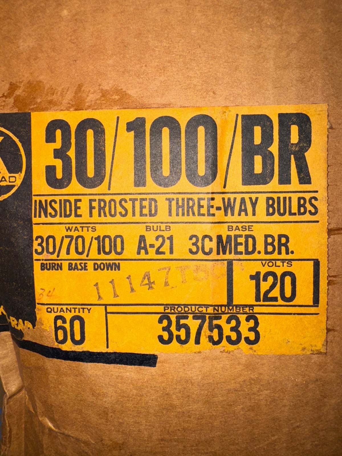 3-Way 30/70/100 120V Frost A21 Brass Base Non-LED LIGHT BULB LAMP KenRad 357533