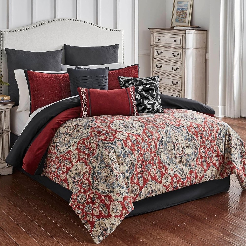 100% Polyester Comforter Set, King, Sadler - Red/Gray, 10 Piece Set