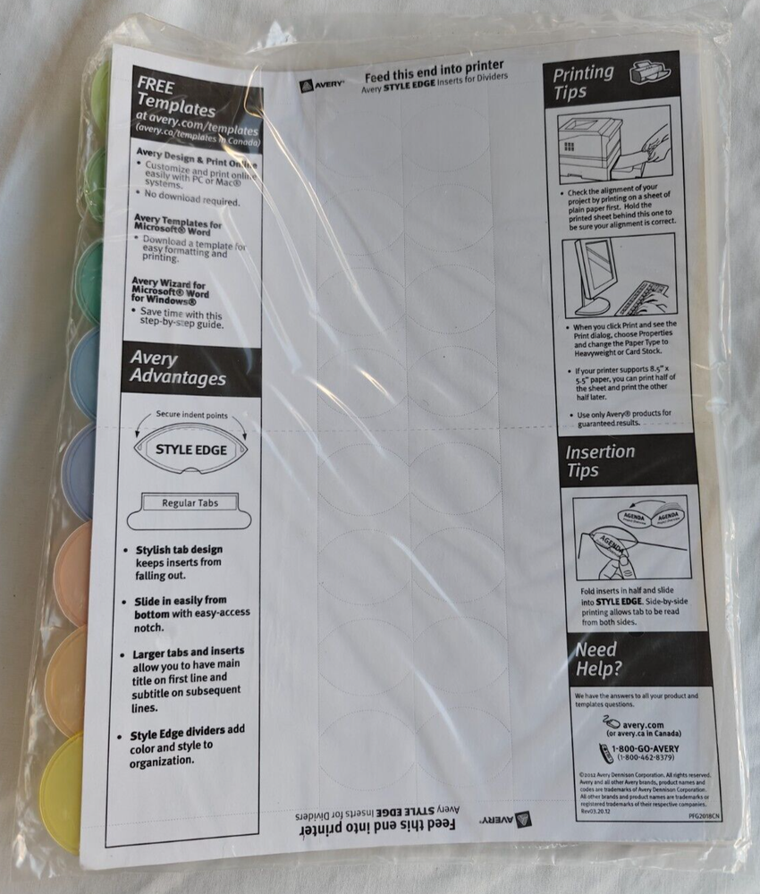 Avery Dennison Ave-11201 Insertable Style Edge Plastic Dividers - NEW