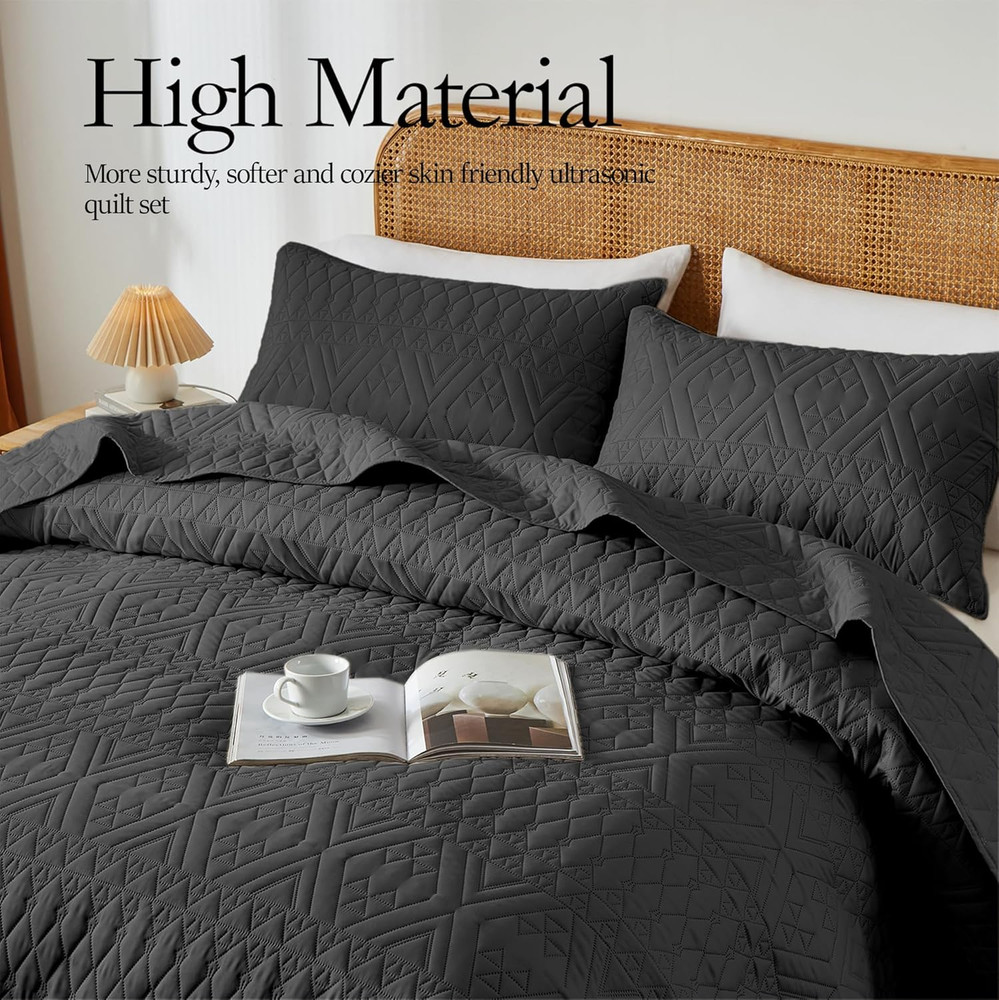 Full/Queen Size Quilt Bedding Set,Black Lightweight Microfiber Soft Bedspread,Mo