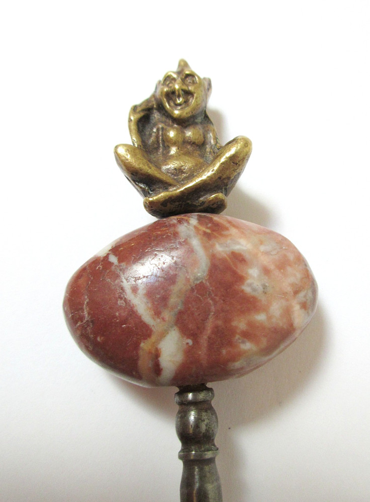 Antique Brass Button Hook Agate Seated Pixie