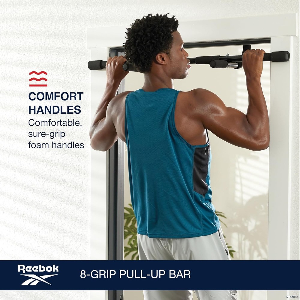 Reebok 8-Grip Pull-Up Bar, Multi-Function Upper Body Workout Rod, Door Frame Fit