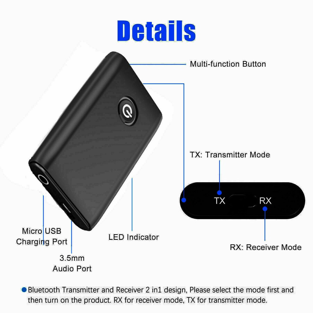 2-in-1 Wireless Bluetooth 5.0 Transmitter Receiver Adapter Audio 3.5mm Jack Aux