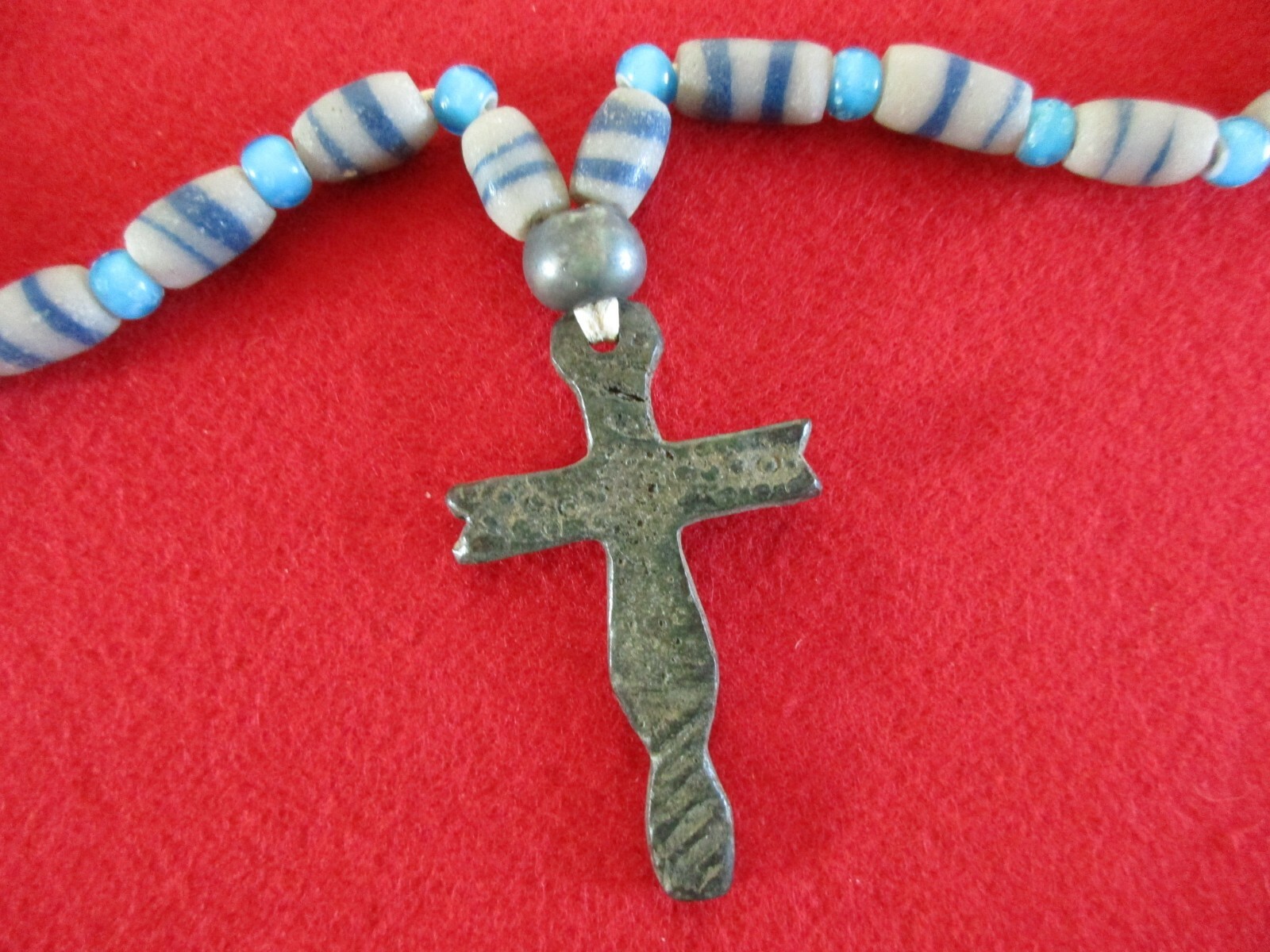 FRENCH BEAVER TAIL JESUIT CROSS, LEATHER STRUNG TRADE NECKLACE,  WHA-0226*06294