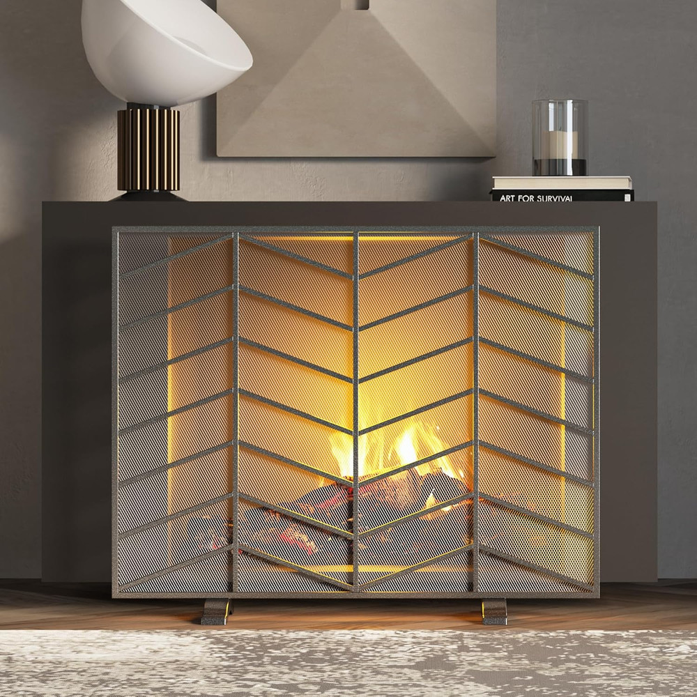 Single Panel Handcrafted Wrought Iron Mesh Chevron Fireplace Screen, Fire Spark
