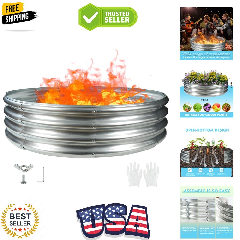 5FT Diameter Camp Fire Ring Pit, Large Round Galvanized Steel Fire Pit, Heavy...