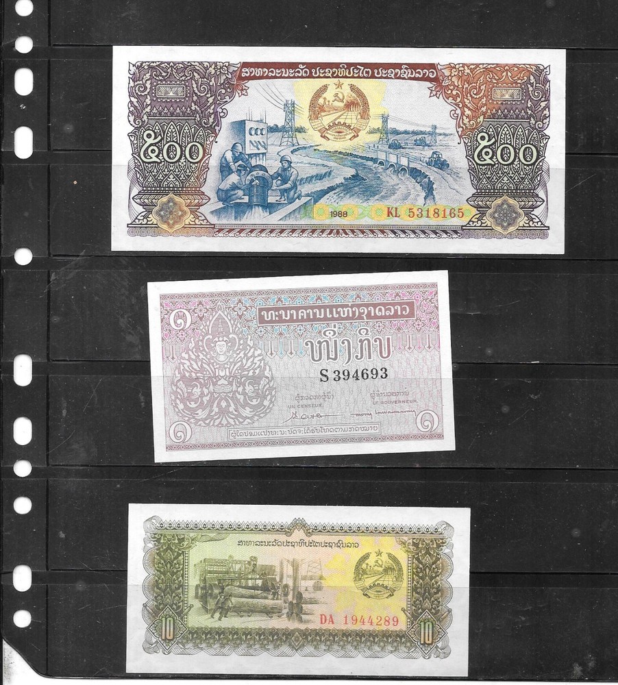 LAOS 3 DIFFEREN UNC MINT BANKNOTE LOT COLLECTION SET INC OLD