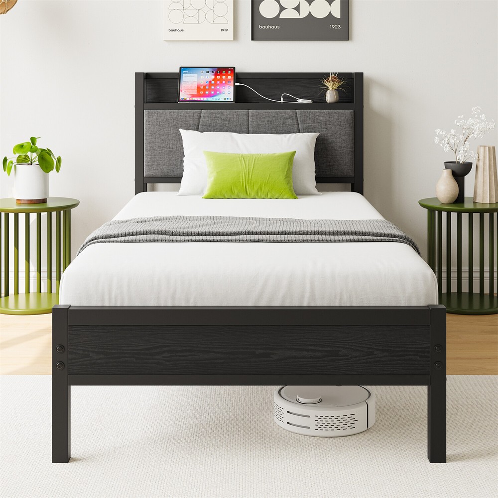 Twin/Full Size Bed Frame Metal Platform Bed Frame with Storage Headboard Black