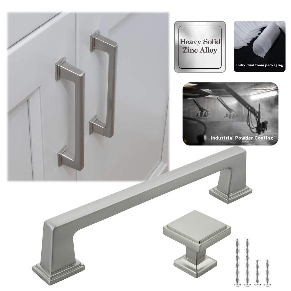 Solid Brushed Nickel Square Cabinet Pulls Knobs Handles Kitchen Bathroom Drawer