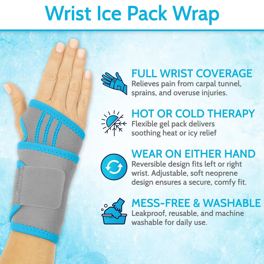 Wrist Ice Pack Wrap - Refreezable Gel Compression Support - Flexible Hot & Cold