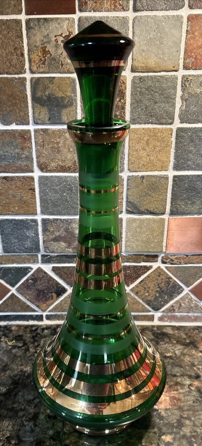 Borske Sklo Gold Banded Green Glass Decanter Mid Century Genie Jeannie Bottle