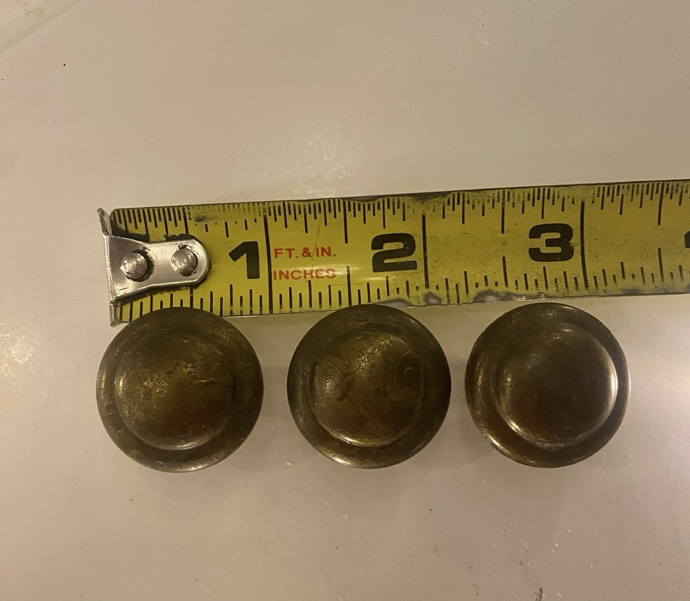 3 Antique Solid Brass Knobs 7/8” Diameter Drawer Or Cabinet Hardware