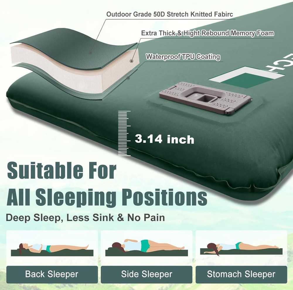 Self Inflating Sleeping Pad W/ Electric Pump 3.14" Ultra-Thick Memory Foam
