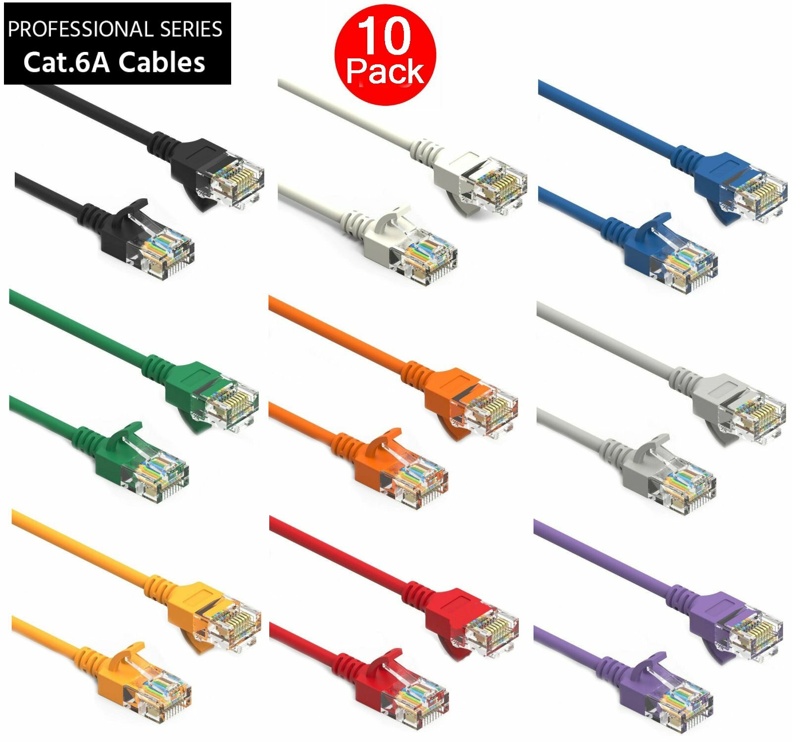 10 Pack CAT6a Slim RJ45 Network LAN Ethernet Copper Wire Color Patch LOT Cable