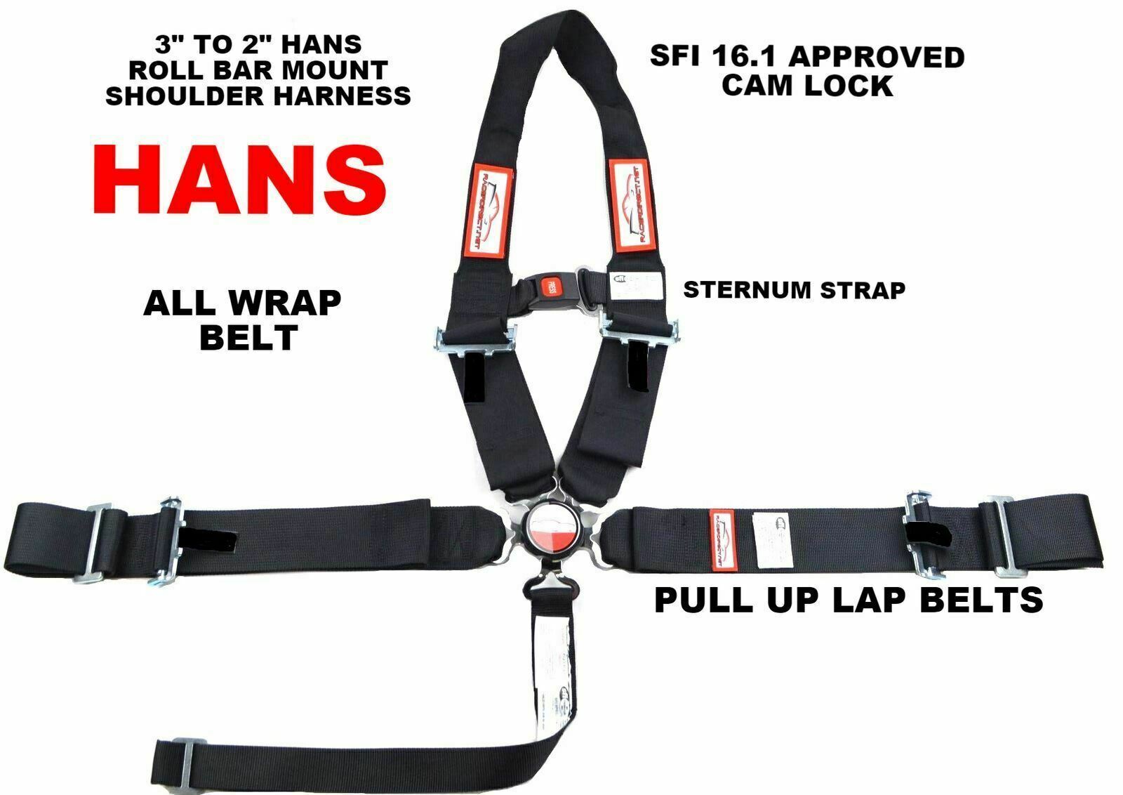 U 5 POINT RACING HARNESS WITH STERNUM STRAP & NECK DEVICE SFI 16.1 BLACK